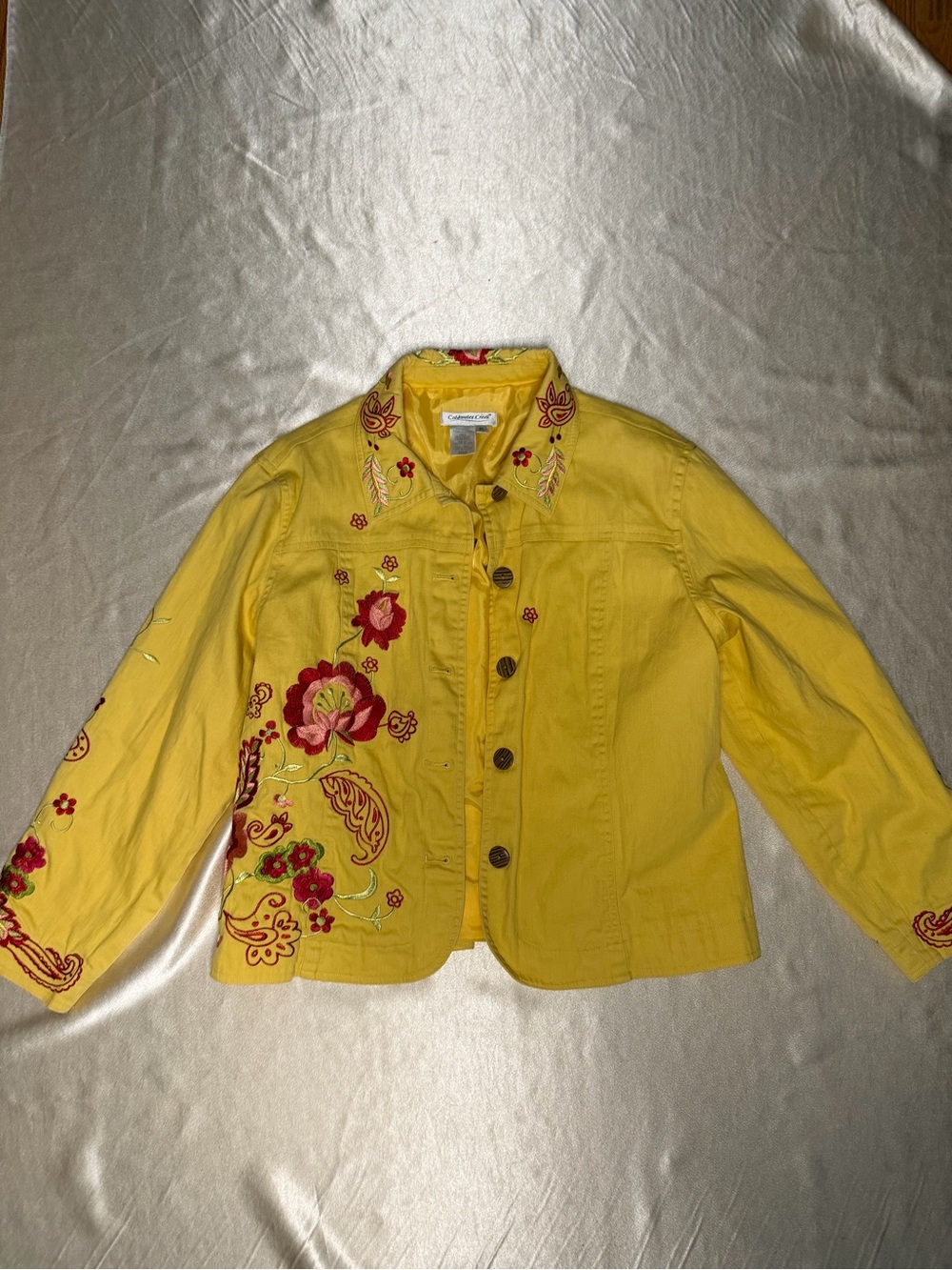 Coldwater Creek Women's Yellow Floral Embroidered Denim Jacket Size PL Boho